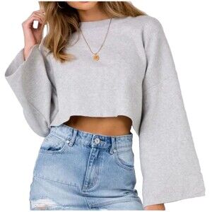 Princess Polly Crop Bell Sleeves Sweater Womens XS Gray Girl Soldier Relaxed